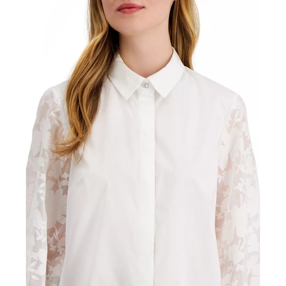 ALFANI Lace Sleeve Button-Up Shirt - White - Size XL NWT - Picture 3 of 3